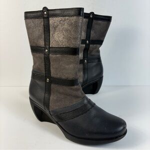 Naot "Atopa" Black & Gray Metallic Suede Patchwork Mid-Calf Wedge Boots Size 39
